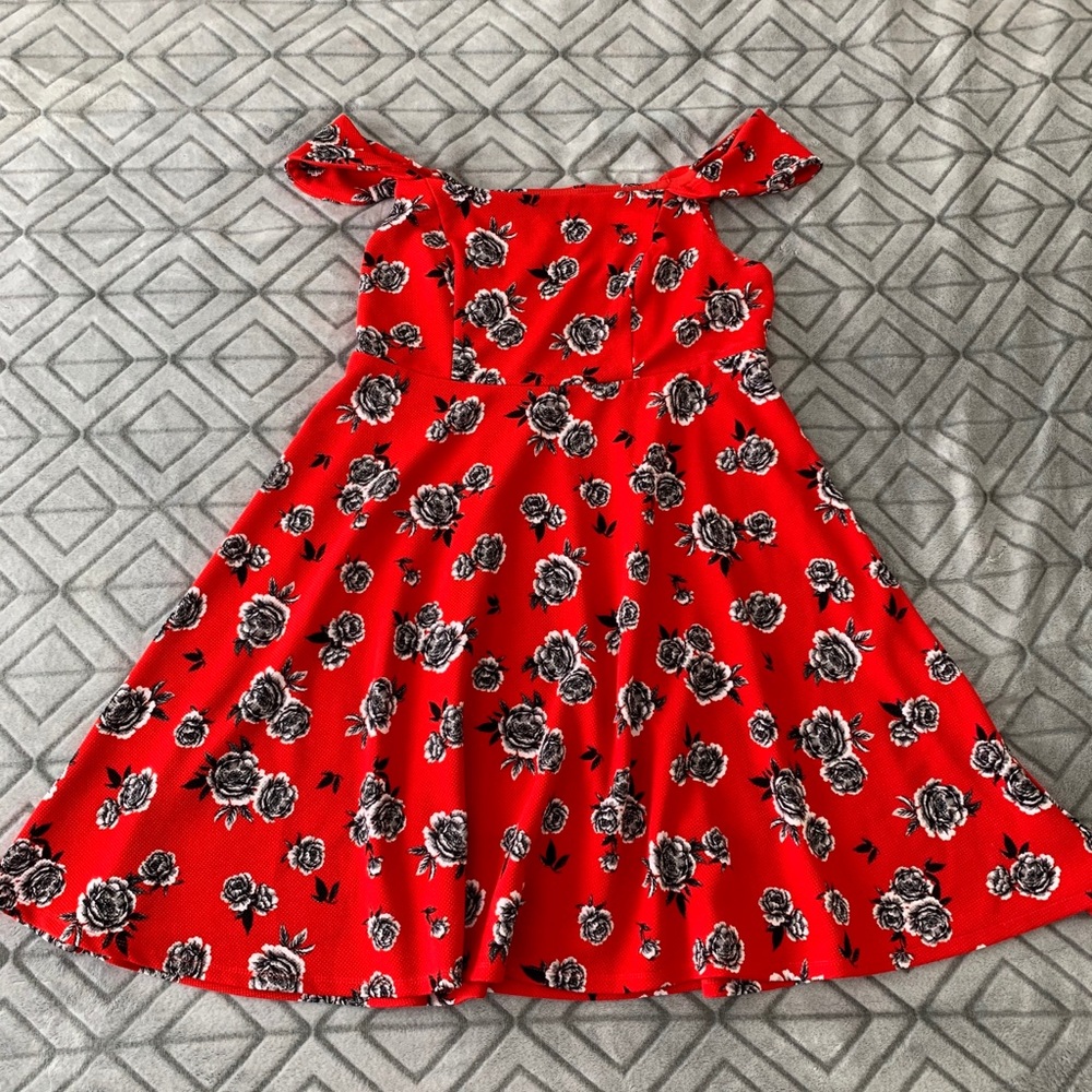 Red floral torrid dress, off shoulder.
